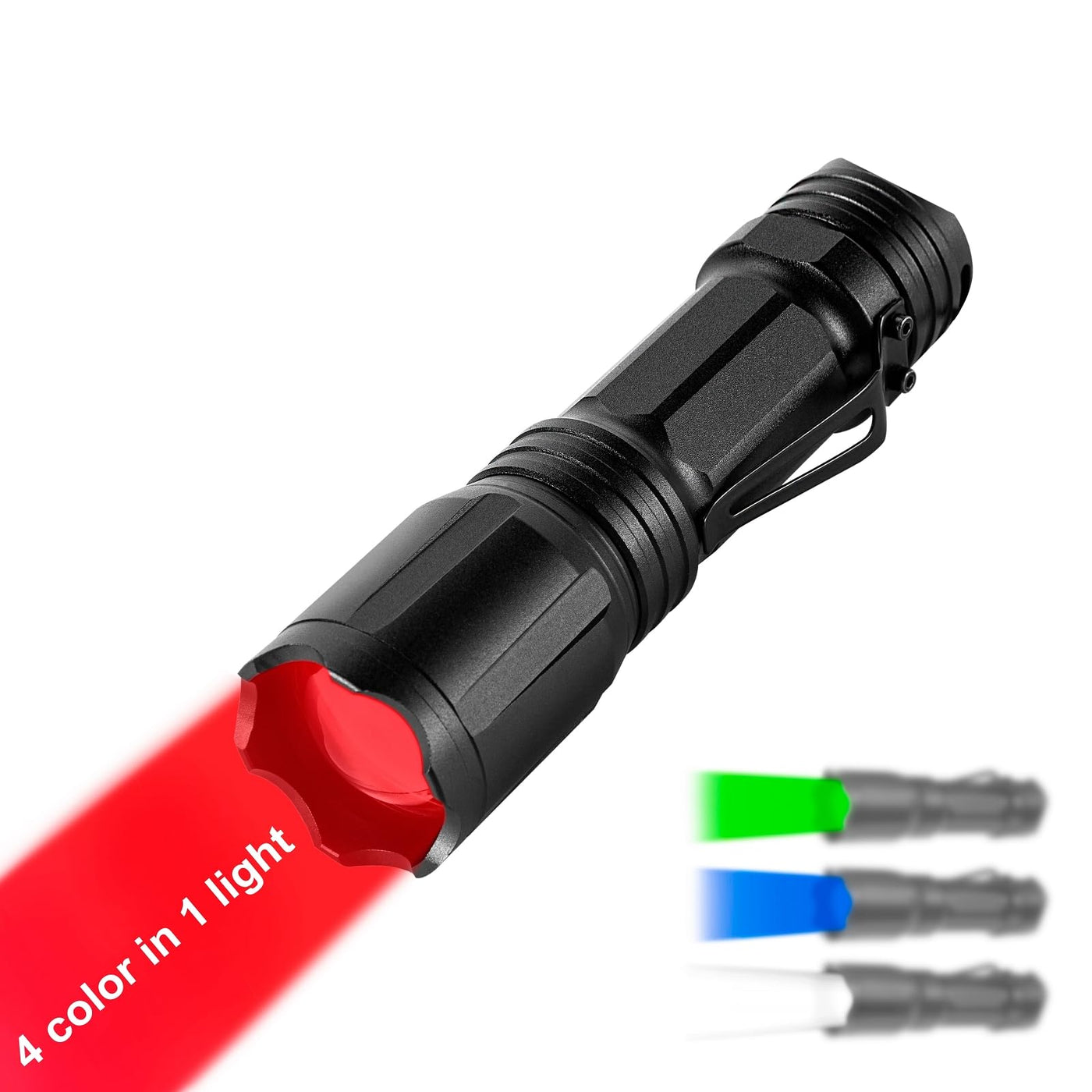 best handheld rechargeable flashlight LUMENSHOOTER Upgraded Zoomable Red Flashlight, 4 Color in 1 Flash Light, Green Red Blue White Multi Color RGBW Led with