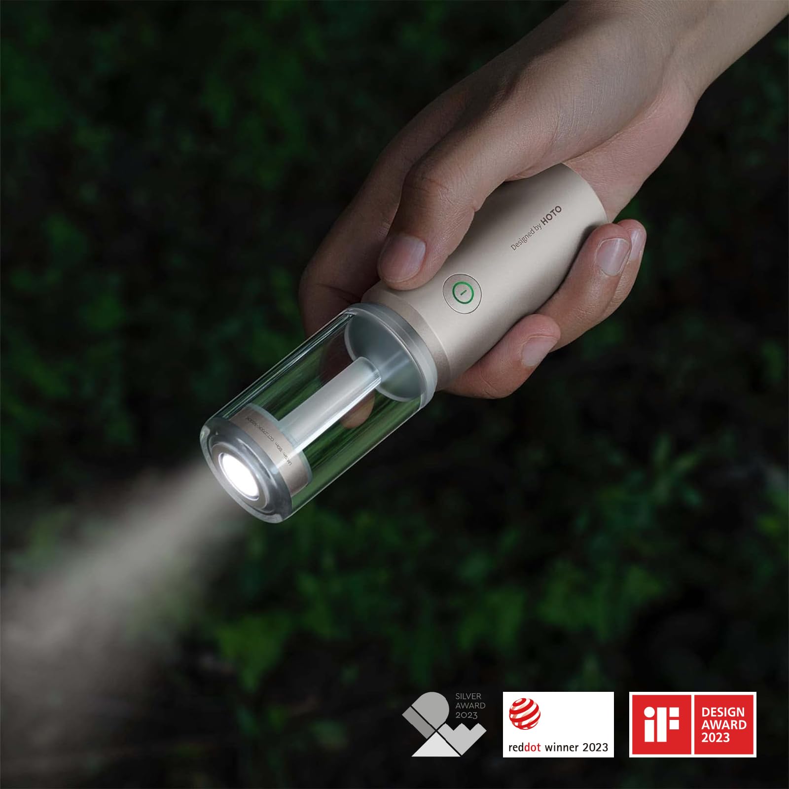 HOTO 3-in-1 Rechargeable Camping Flashlight, IP66 Water Resistant, Compact Beige Lantern, Model LYD001