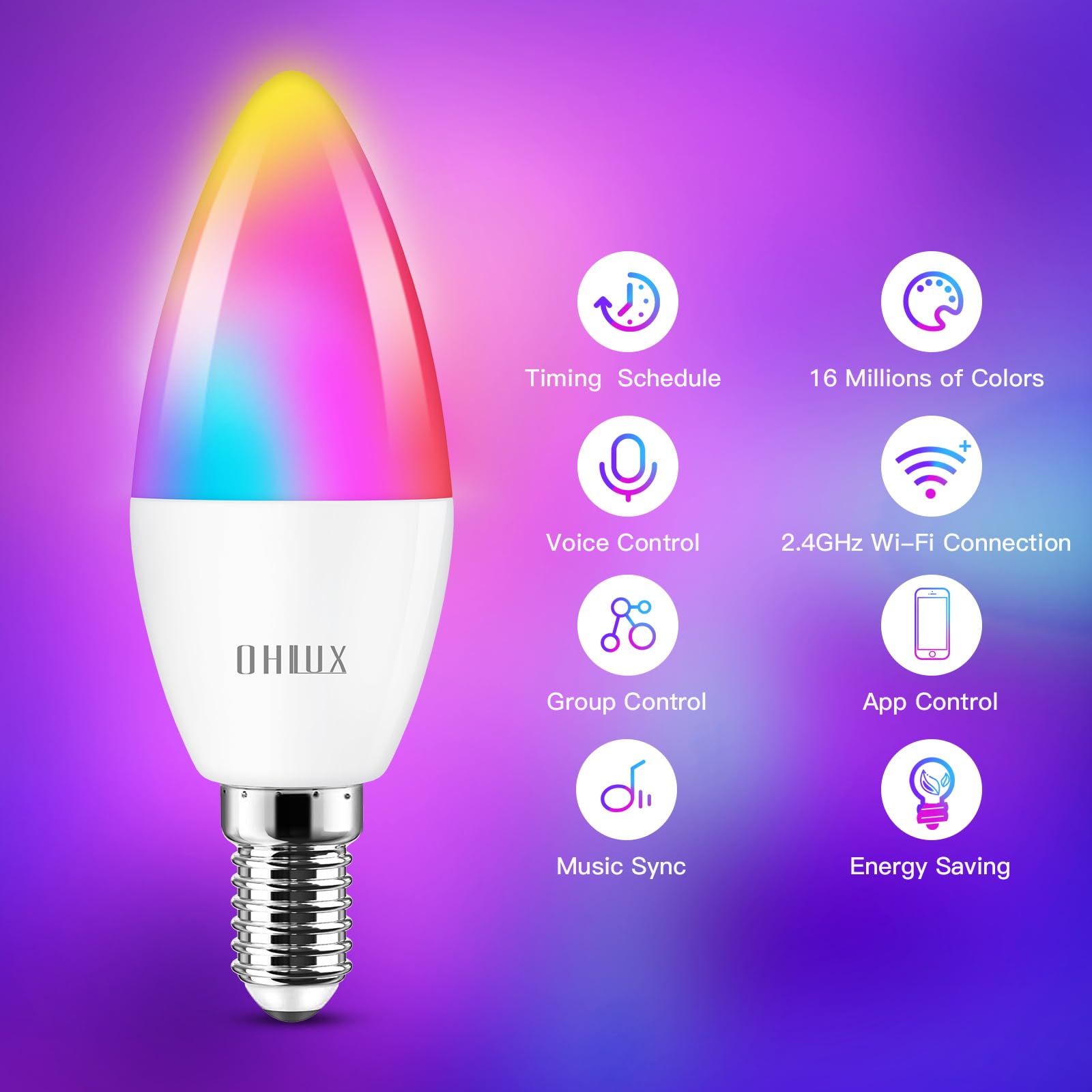 OHLUX Smart Candelabra LED Light Bulbs, E12 Base, WiFi Compatible, 4W Equivalent, Multicolor, 1 Pack, Model WIFI C37