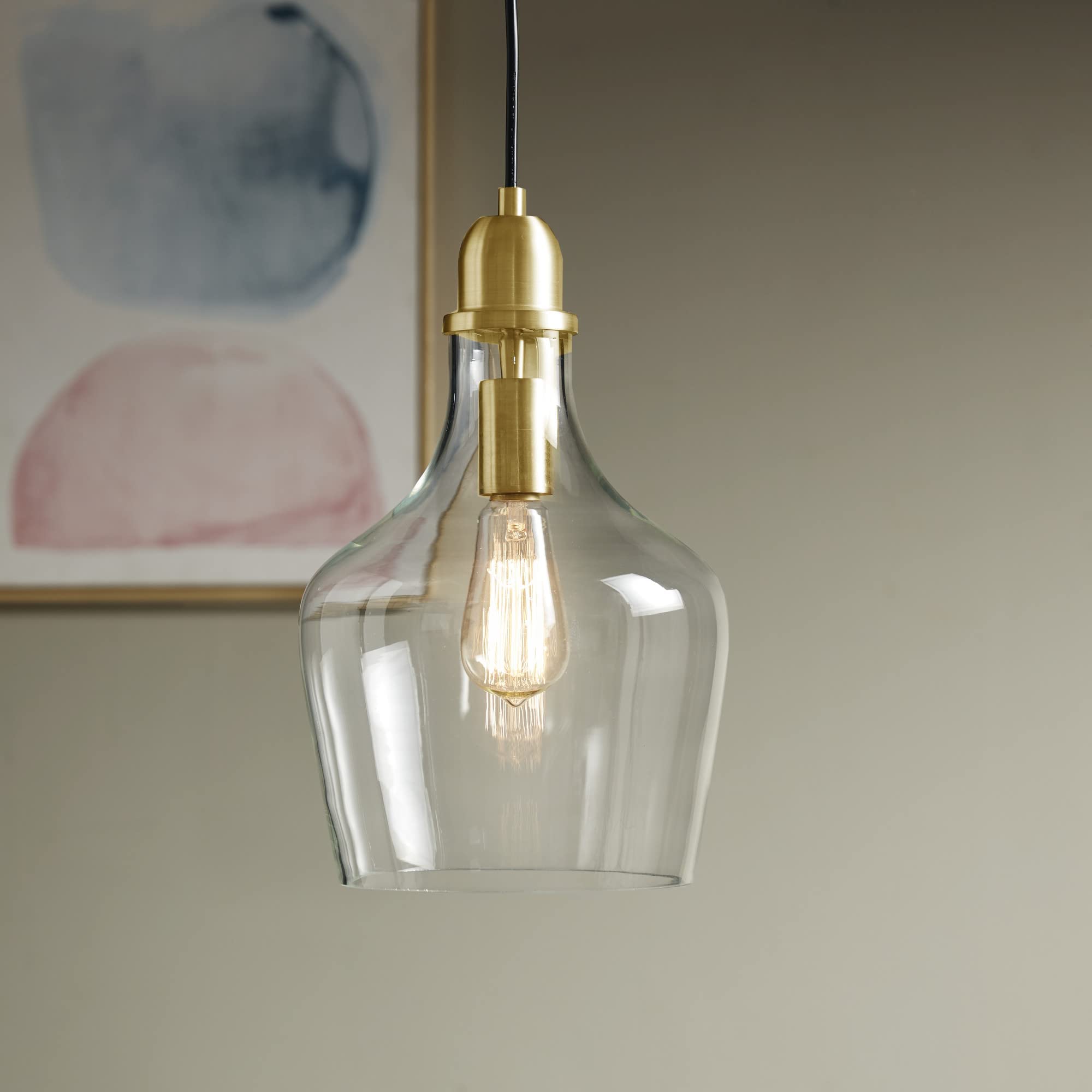 Hampton Hill Auburn Pendant Kitchen Lighting For Dining Room, Industrial Kitchen Lights, Hand-Blown Glass Bell Shaped Pendant Light For Kitchen Island, Foyer, Bedroom, 9" Dia X 95.5" H, Gold/Clear