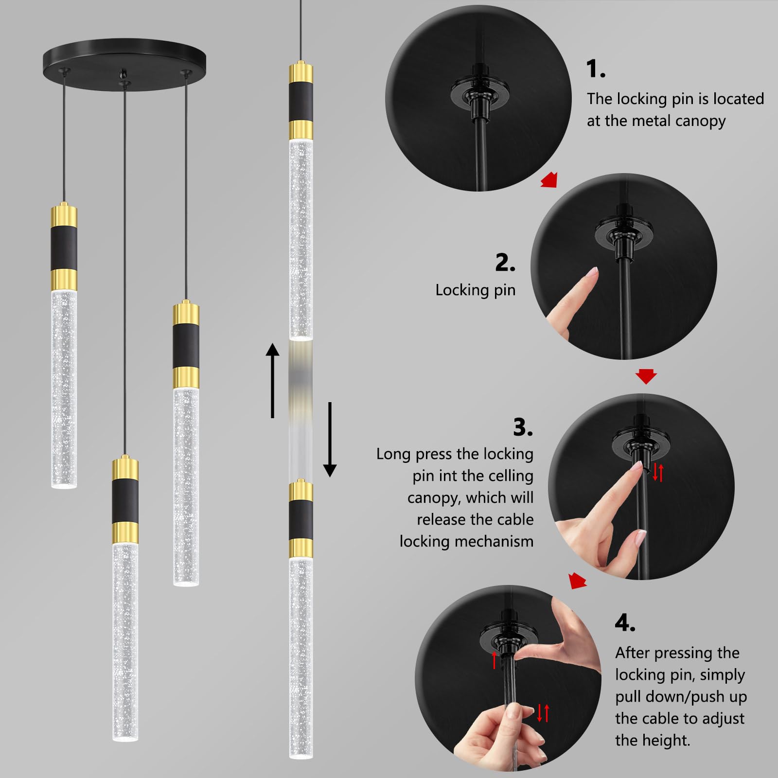 Cenozo Modern 3-Light LED Pendant Light - Dimmable, Remote Control, 3000K-6000K, Black - Kitchen Island Fixture, Model RS8002-3tou-y
