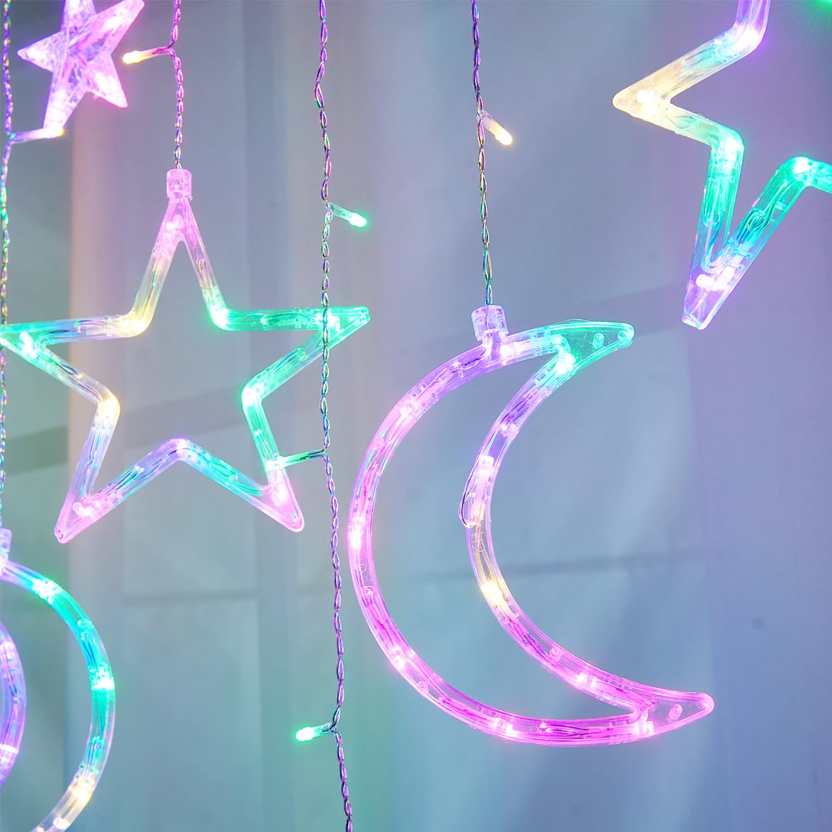 ALFEUND 7.5ft Decorative Starry String Curtain Lights Moons and Stars LED Night Light for Home Decoration Party,Remote Control U