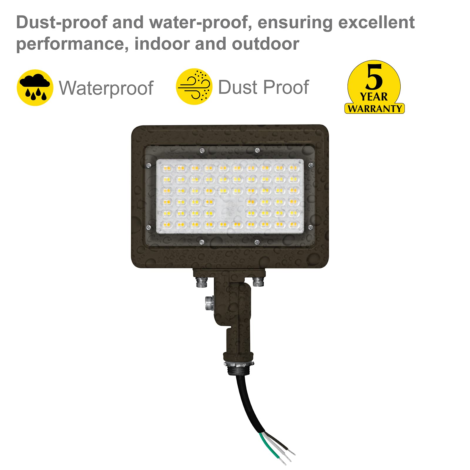 Nuwatt 50W Led Flood Light, 3Cct 3000K/4000K/5000K Selectable, Ip65 Waterproof Lighting, Adjustable Knuckle Mount, 7050Lm, 0-10V Dimmable, 120-277V, Outdoor Security Floodlight For Yard, Bronze, Ul
