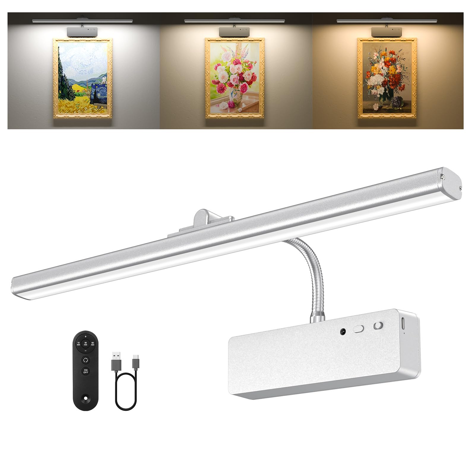 Picture Light, 15.35inch Wireless Picture Lights for Wall Rechargeable, Battery Wall Lights for Pictures, 3 Color Art Lighting f