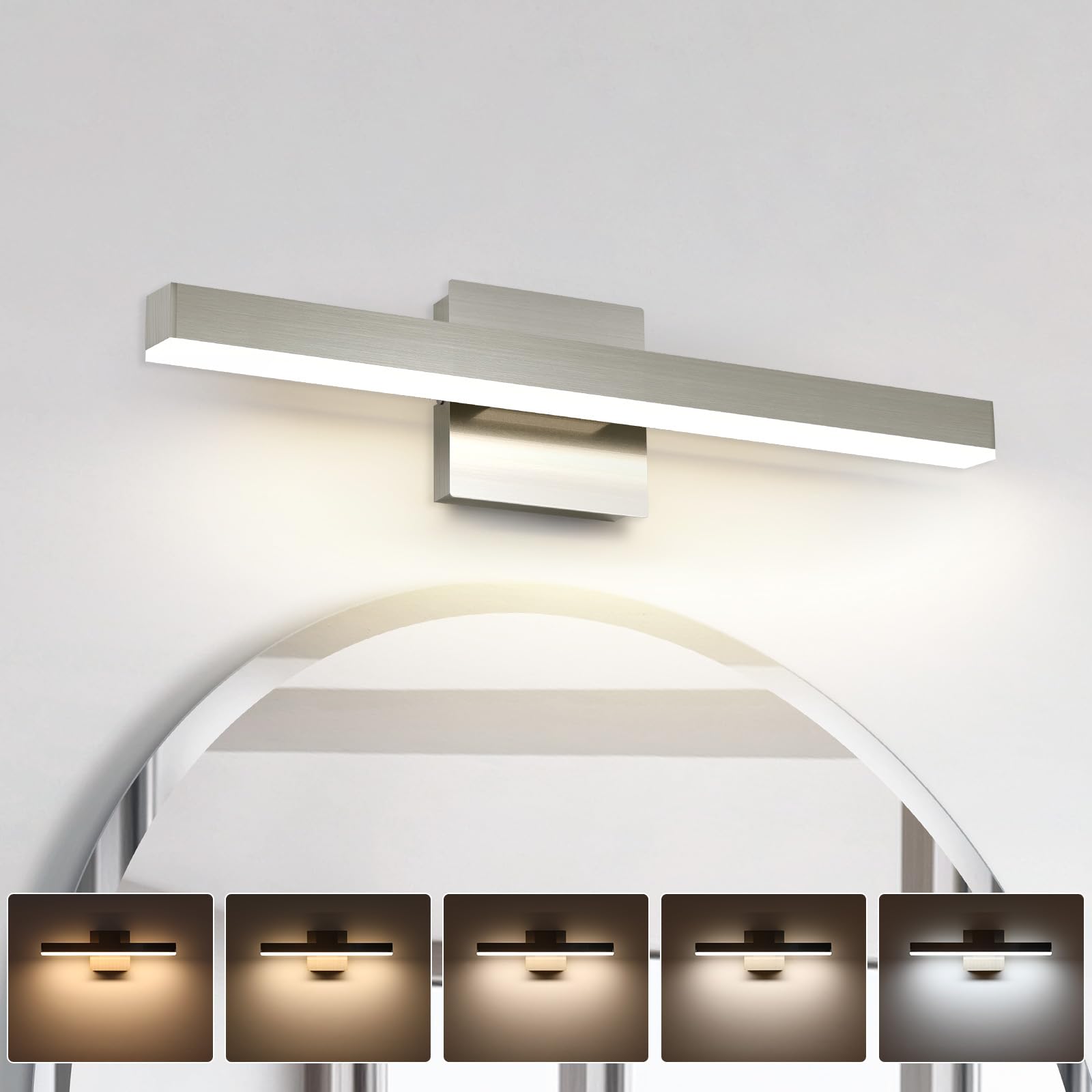 Joossnwell Bathroom Vanity Light Brushed Nickel Bathroom Light Fixtures Over Mirror 23.62 Inch 5Cct Dimmable Modern Bathroom Lights Bar Led Vanity Lighting Etl Certificated