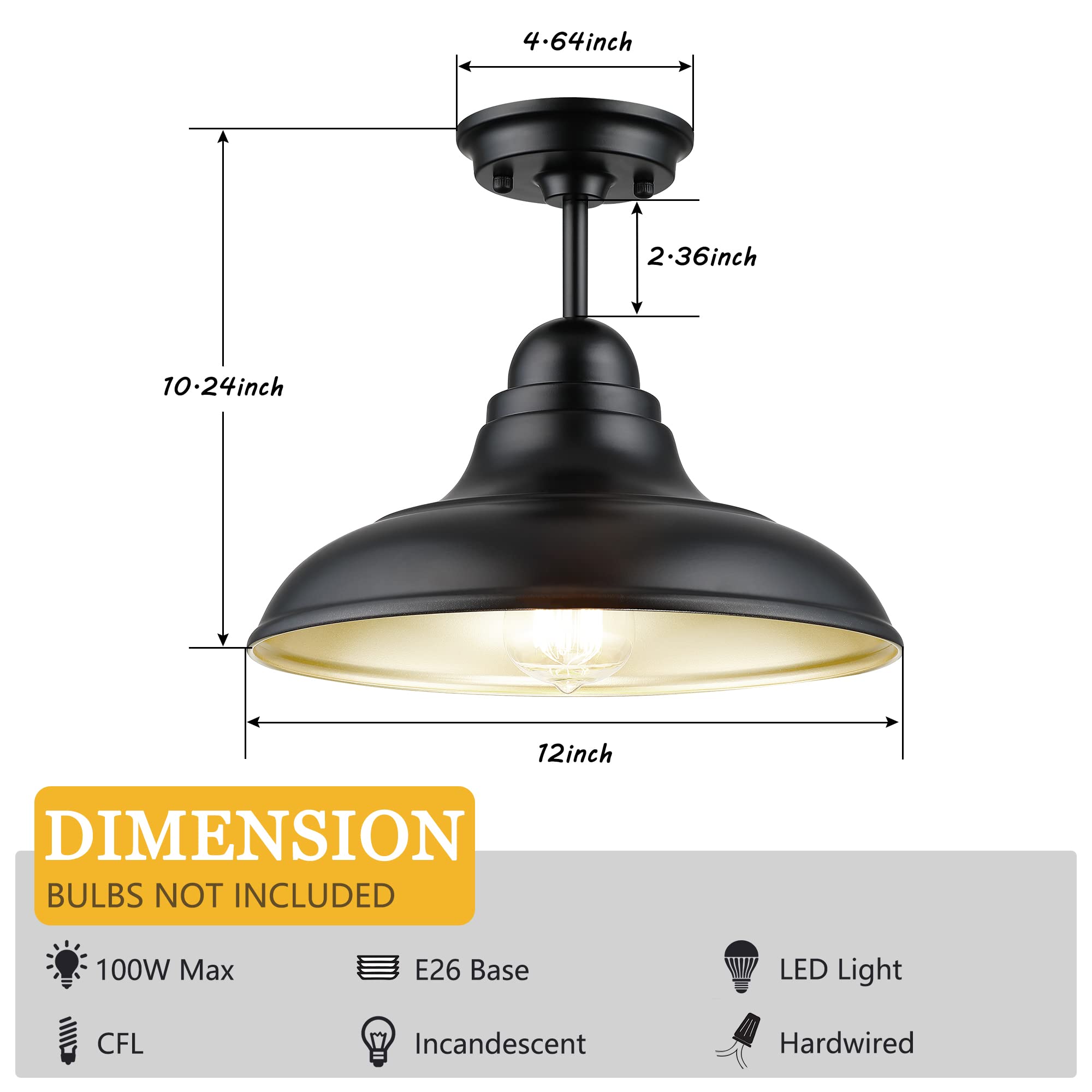 FLQMYQ Semi Flush Mount Ceiling Light Fixture, Metal, Black Finish, 12in - Modern Design for Kitchen, Dining Room, Hallway, Living Room
