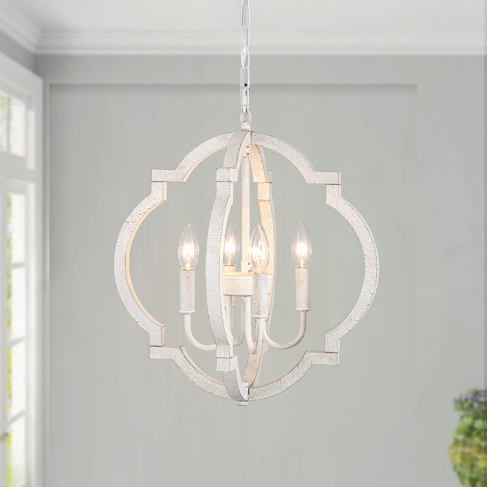 QAREHL Farmhouse Chandelier Rustic Orb Chandeliers for Dining Room White Wooden Pendant Lighting 4 Light Small French Country Ha