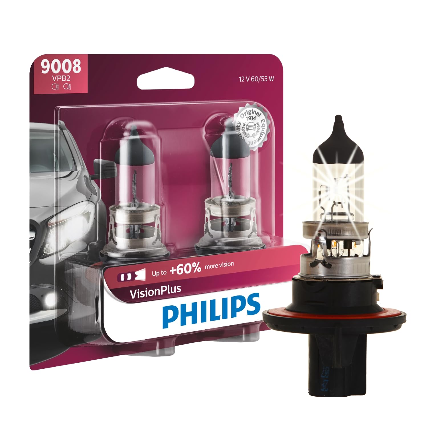 Philips Automotive Lighting 9008 / H13 VisionPlus Deluxe Upgrade Automotive Replacement Headlight Bulb, Fits Select High Beam, L