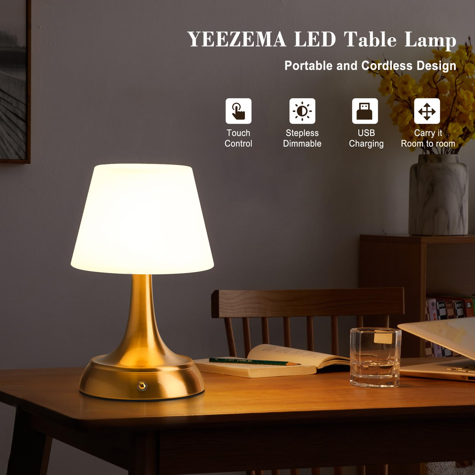 YEEZEMA Cordless Table Lamp, Rechargeable, Waterproof, Touch Dimmable, 9.5IN, Antique Brass, Model Y-TL2404-AB