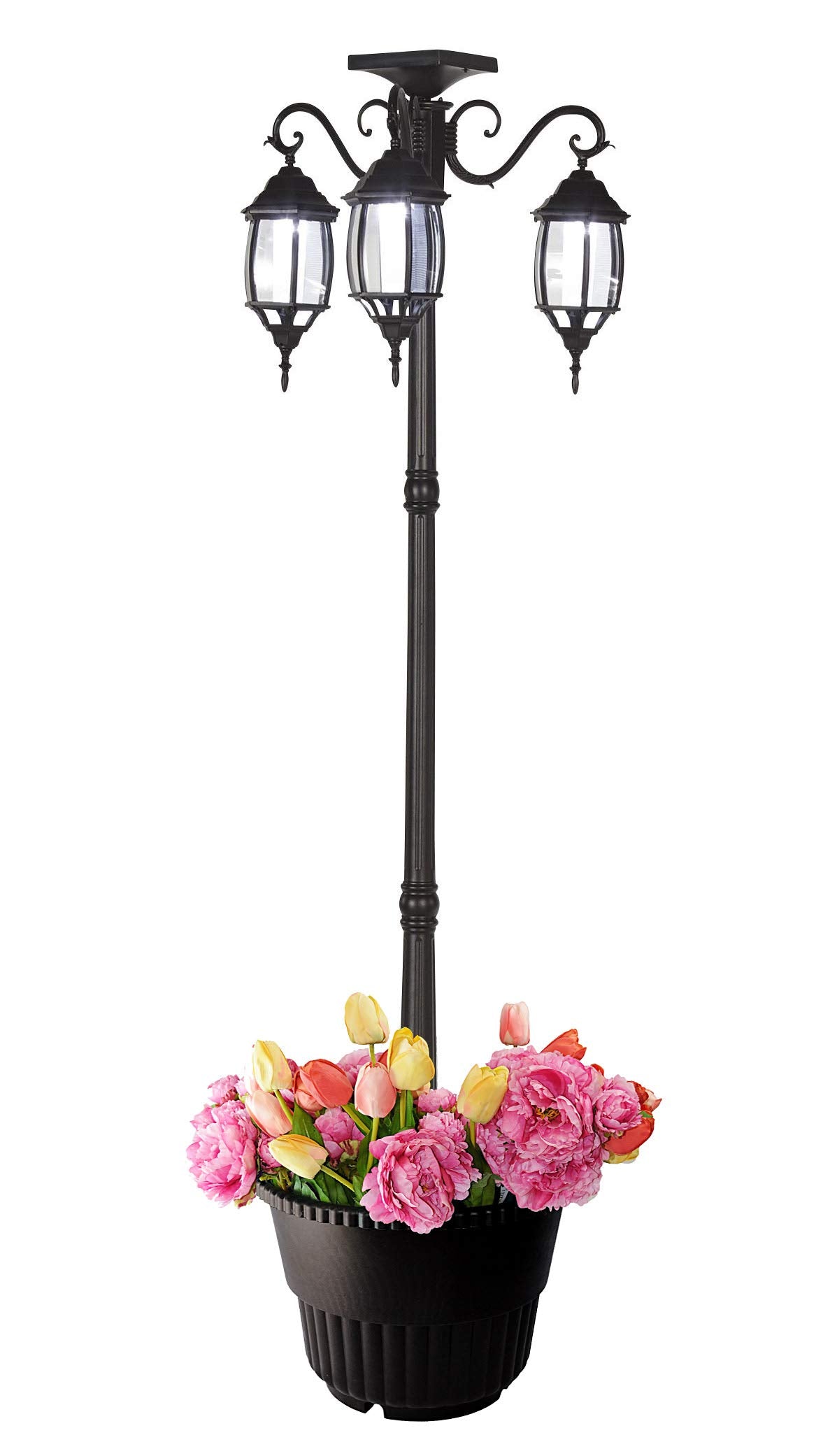 Westcharm Outdoor Round Planter with 3-Head LED Solar Lamp Post - 18in Dia., Black, Model 302002 Madison, Aluminum