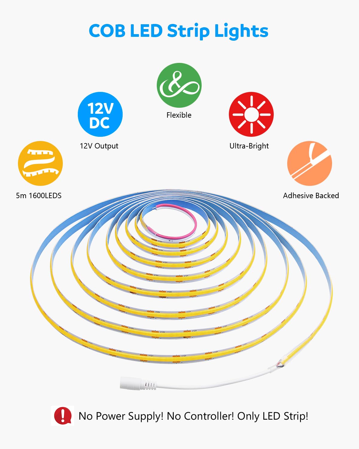 Aclorol 12 Volt Led Strip Lights Cob 16.4Ft Led Strip Lights For Bedroom 6000K Daylight White Cri85+ Flexible Led Tape Light For
