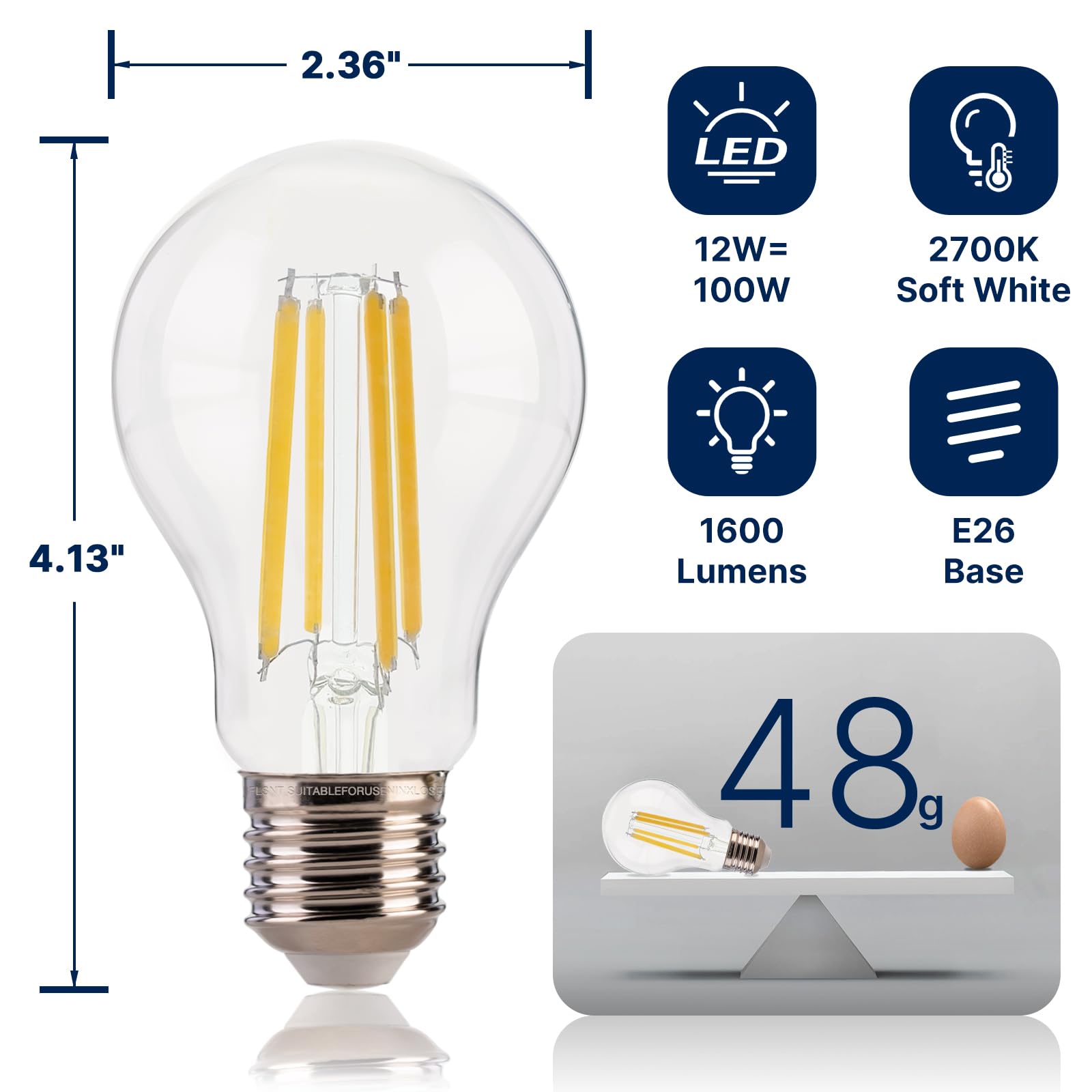 Flsnt 100W Equivalent A19 Led Light Bulbs, Efficient 12W, 1600Lumens, 2700K Soft White, Cri82, E26 Base Led Filament Light Bulbs