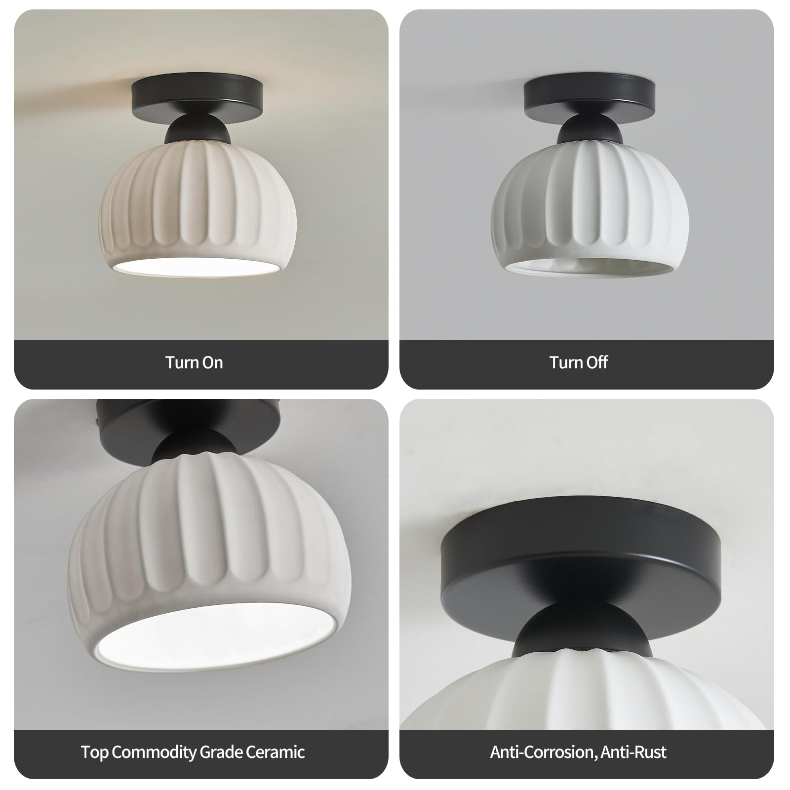 2 Pack Vintage Ceramic Semi Flush Mount Ceiling Light Fixtures, Black Hallway Light Fixtures Modern Ceiling Light, Small Flush Mount Ceiling Light For Dining Room Kitchen Entryway Porch Foyer Hallway