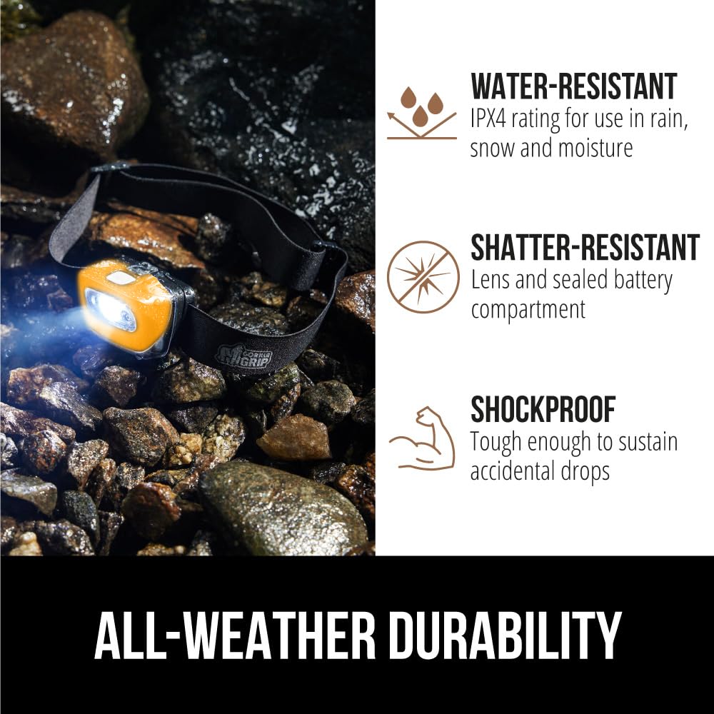 Gorilla Grip Ultra Bright High Lumens Led Head Lamp, 7 Light Modes Water Resistant Ipx4 Headlamp, Adjustable Headband, Battery P