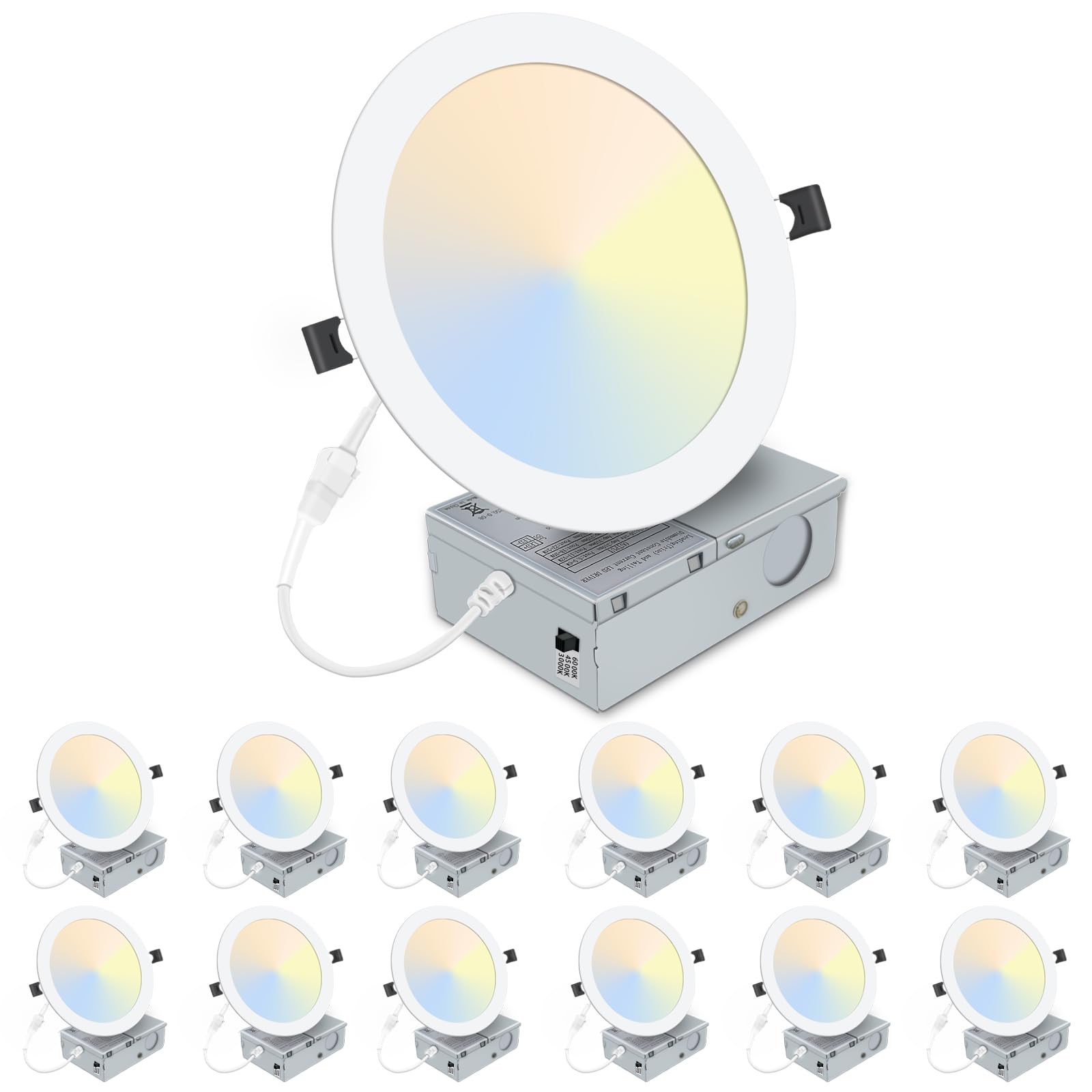 Lzhome 12 Pack 8 Inch Led Recessed Lighting With Junction Box Ultra-Thin, 3000K/4500K/6000K Selectable, 8" Dimmable Canless Led Downlight, 1800Lm Cri80 High Brightness 5%-100% Recessed Light