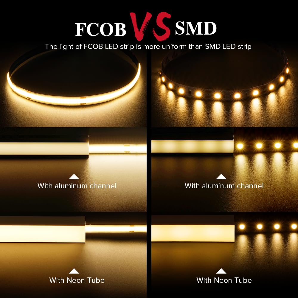 Btf-Lighting Fcob Cob Led Strip 8W/M 16.4Ft Dc12V Warm White 3000K Flexible High Density Uniform Light Cri 90+ 8Mm Width Led Ribbon Black Pcb For Indoor Decor(No Adapter Or Controller)