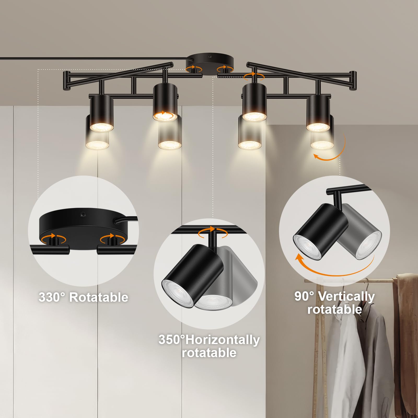 Plug In Track Lighting Led  Track Lighting Fixtures Ceiling  Black 8-Light Kitchen Light Kit  Plug In Wall Light With 14.8Ft Power Cord  Rotatable Ceiling Spotlight For Bedroom(Gu10 Socket  No Bulb)