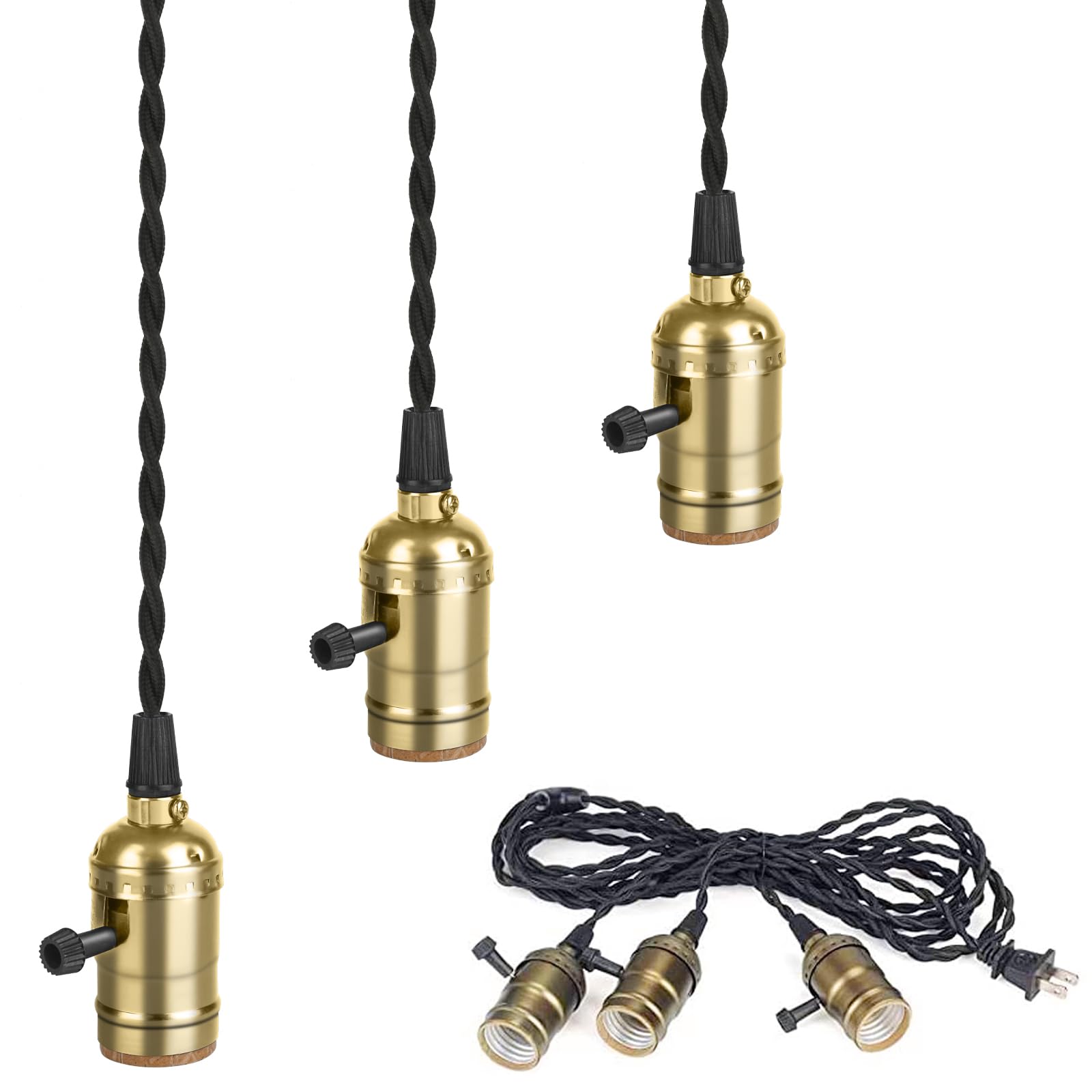 Aokpsrt Vintage Gold Plug-In Pendant Light With 3 Sockets & Switches, 15.9 Ft Cord
