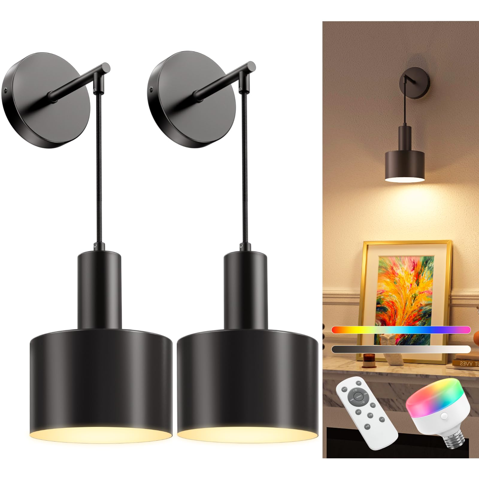 NIORSUN Battery Operated Wall Sconce Set of 2, Black, Wireless Rechargeable Lights with Remote, Dimmable Bulbs, Model 16201LGTF