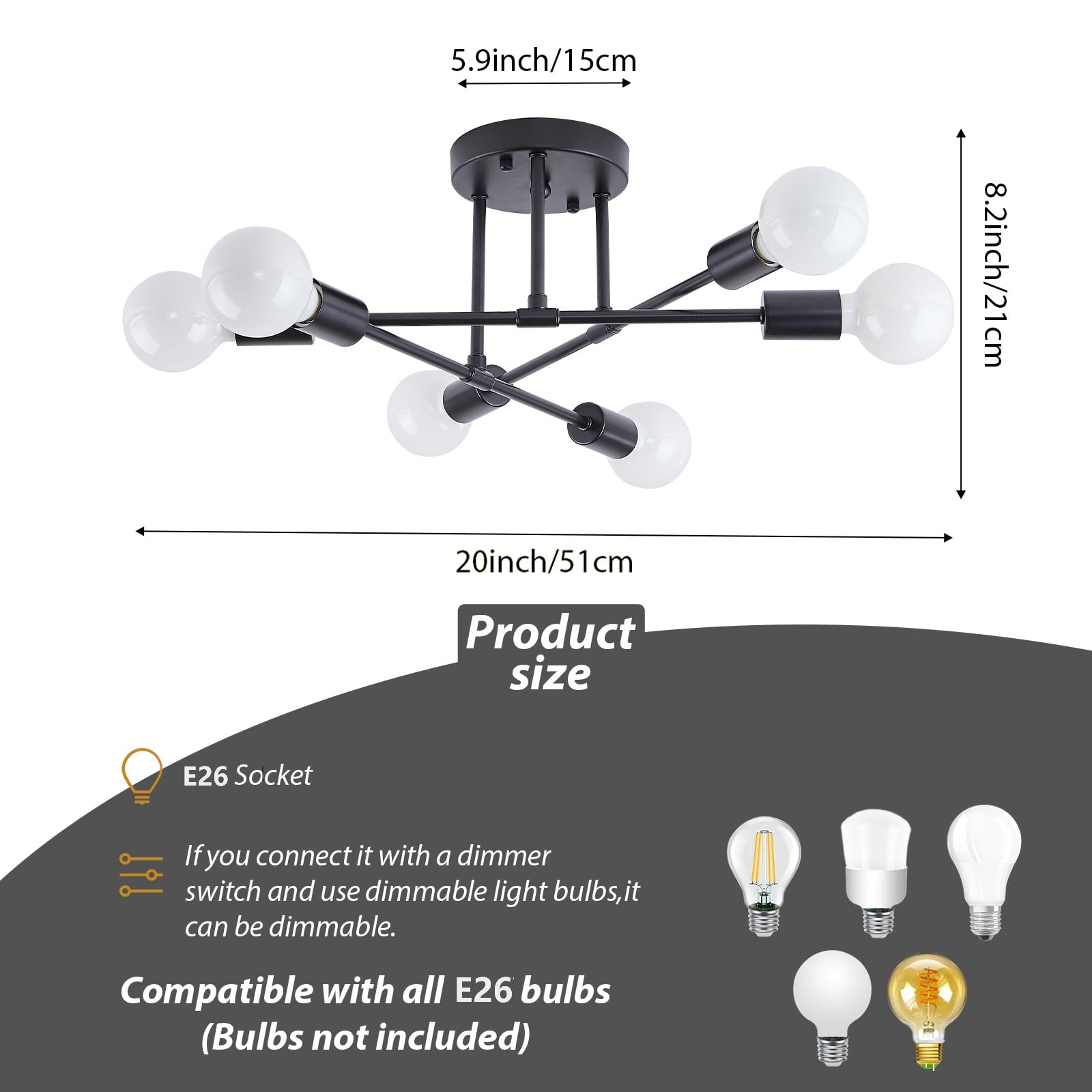 Dellemade Modern Sputnik Chandelier, 6-Light Ceiling Light, Flush Mount Ceilihg Light Fixture For Bedroom,Dining Room,Kitchen,Of