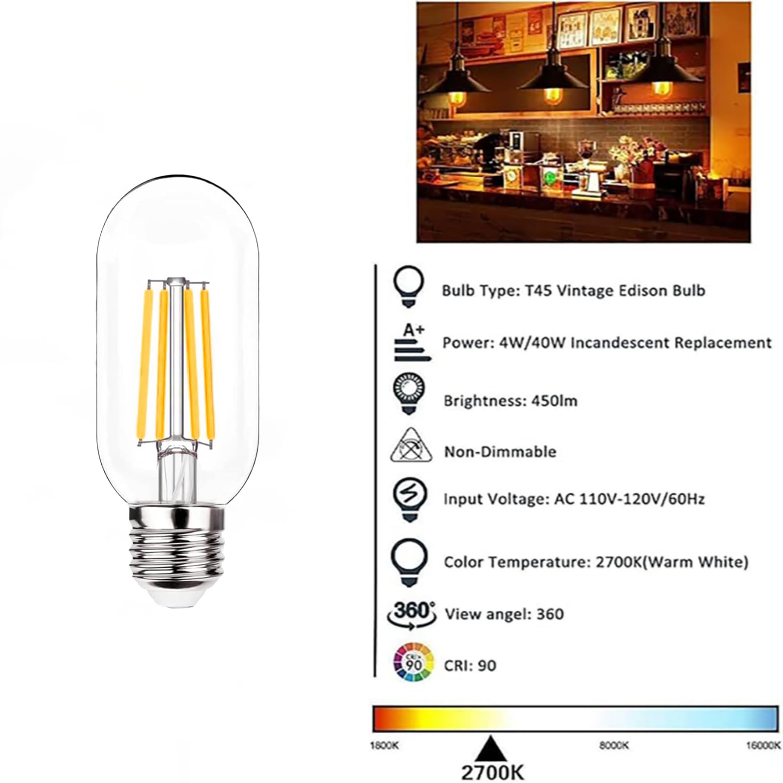 Lhyuetong 6 Pack T45 Led Bulb, 4W Tubular Bulb Led Filament Bulb, Equivalent To A 40W E26 Base, Retro Edison Led Bulb With Trans