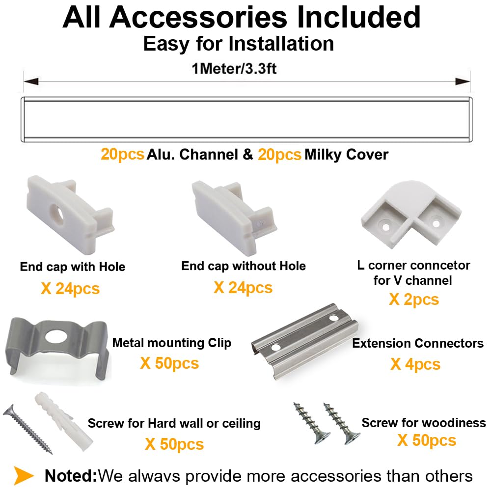 hunhun 20-Pack U Shape LED Aluminum Channel System, 3.3ft, Milky Cover, End Caps, Mounting Clips, Silver, Model CH-01-20