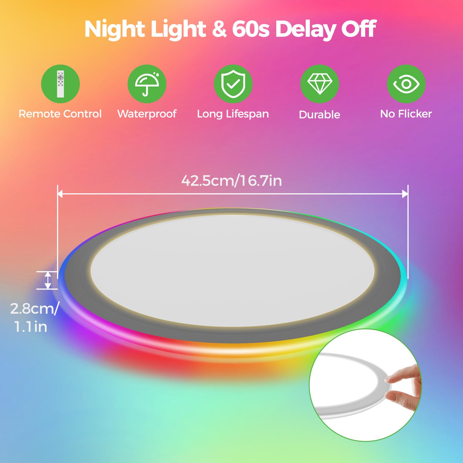Zemty 16Inch Rgb Flush Mount Ceiling Lights With Remote Control  24W 3000K-6000K Dimmable  3600Lm Led Ceiling Light Fixture With Night Light  Ceiling Lamp For Bedroom Kids Room Gaming Party Festival