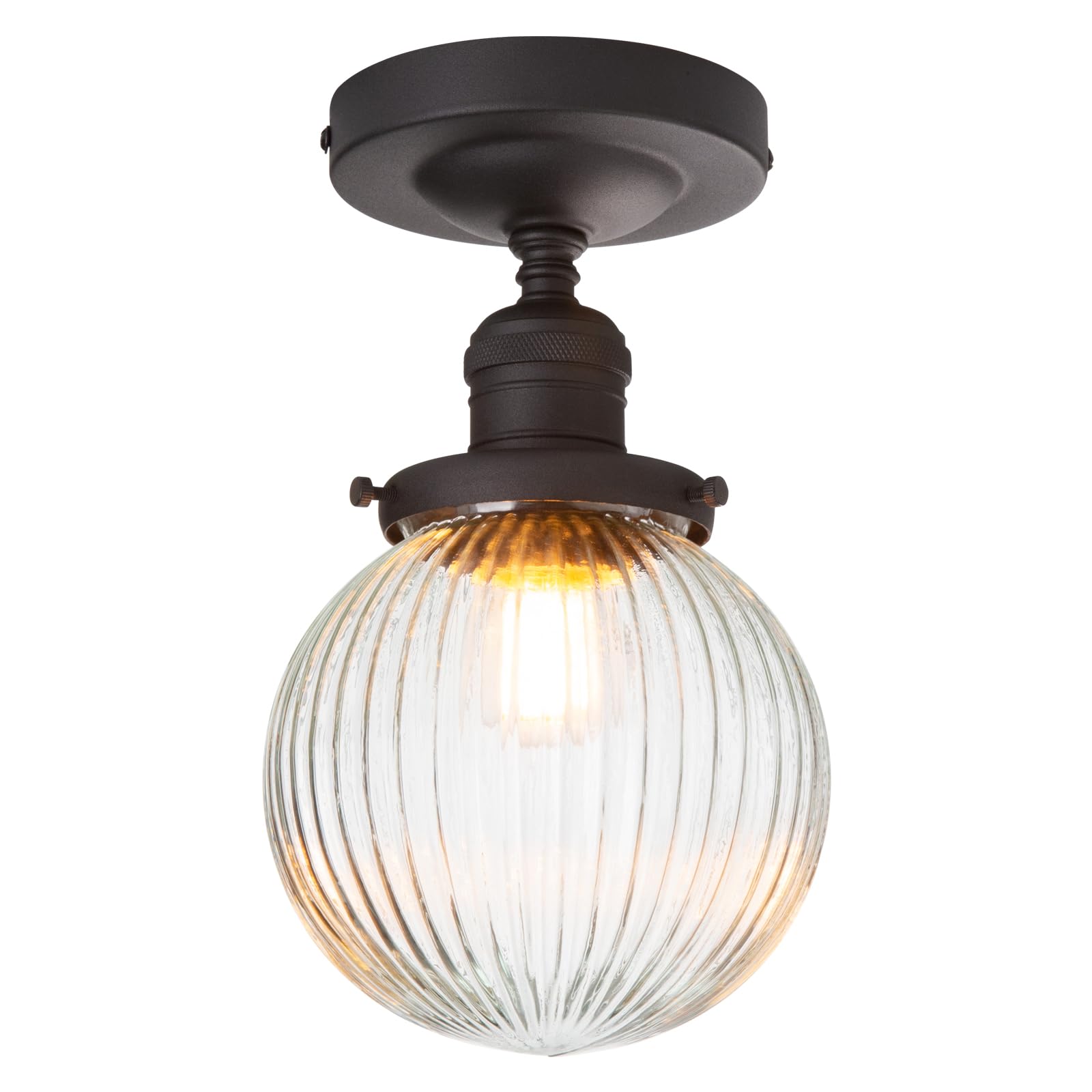 PERMO Industrial Flush Mount Ceiling Light 1-Light Pendant Ceiling Light with Ribbed Globe Glass Lampshade for Hallway, Brass Fi