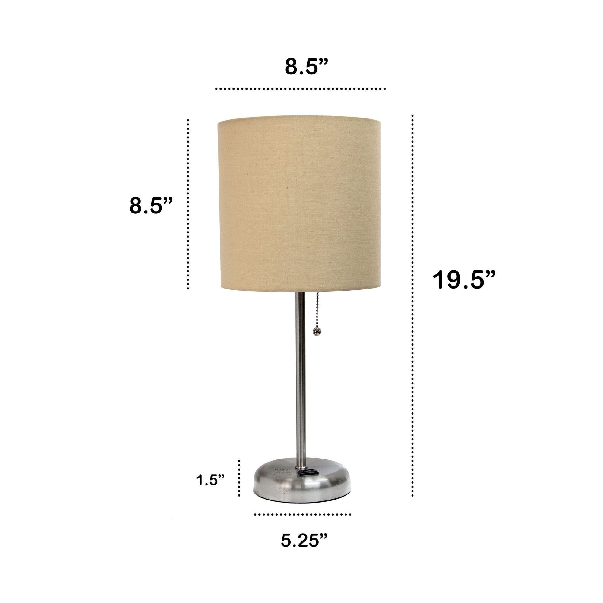Creekwood Home 19.5&quot; Metal Table Lamp With Power Outlet, Brushed Steel & Tan Drum Shade