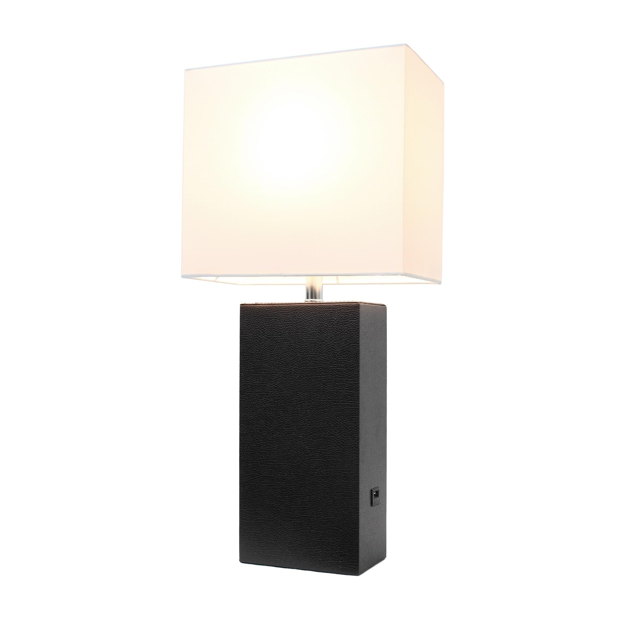 Elegant Designs Lt1053-Blk Modern Leather Usb And White Fabric Shade Table Lamp, Black - (Pack Of 1)