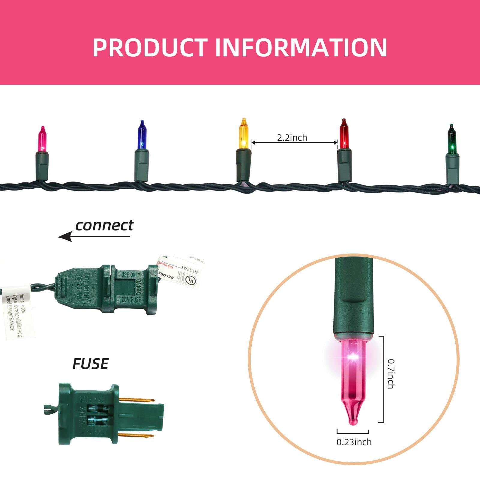 Xmashome 19.6Ft Green Wire Pink String Lights, 100 Count Incandescent Christmas Lights, (Pink, 100 Lights)