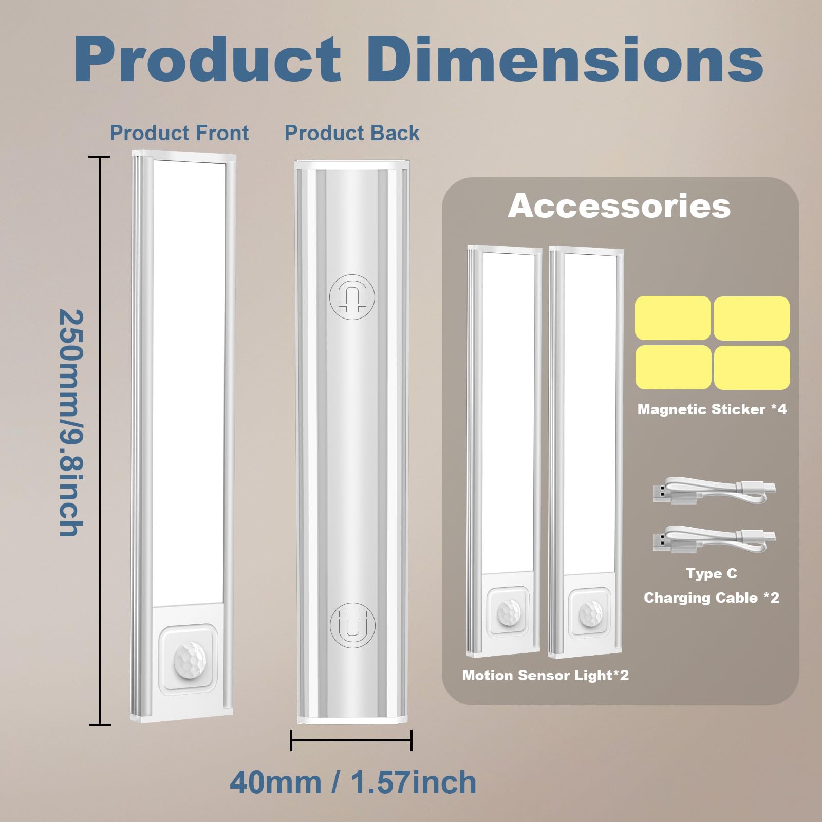 Onforu 9.8 Under Cabinet Lighting  2000Mah Usb-C Rechargeable  Motion Sensor Under Cabinet Lights With 3 Color & Dimmable  Magnetic Under Counter Lights For Kitchen  Closet  2 Pack