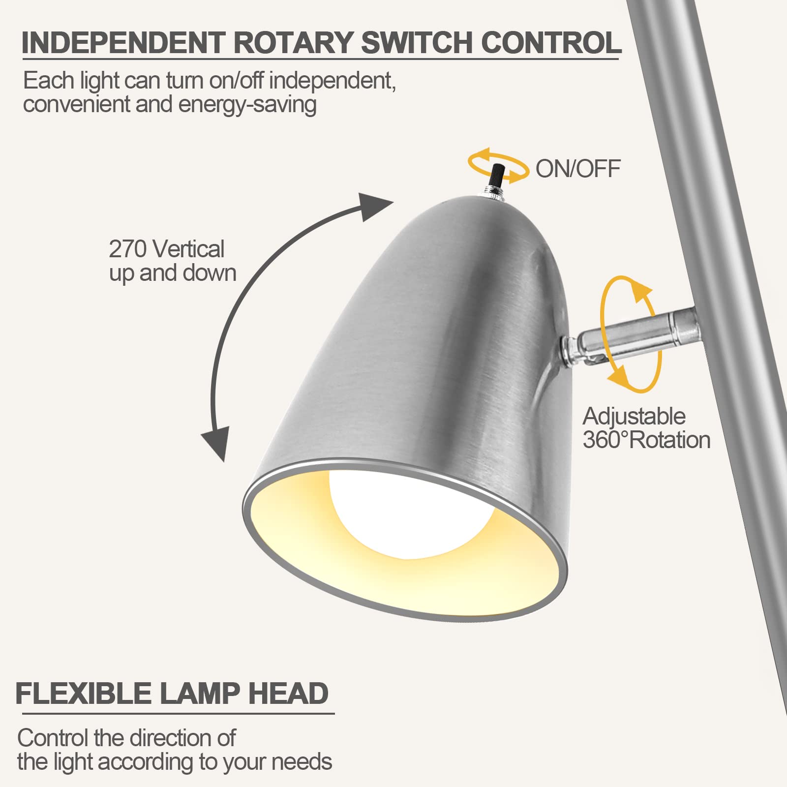 QiMH 3-Head Floor Lamp - Brushed Nickel, Adjustable Arms, Ideal for Living Room, Bedroom, Office, Modern Stand Up Lighting