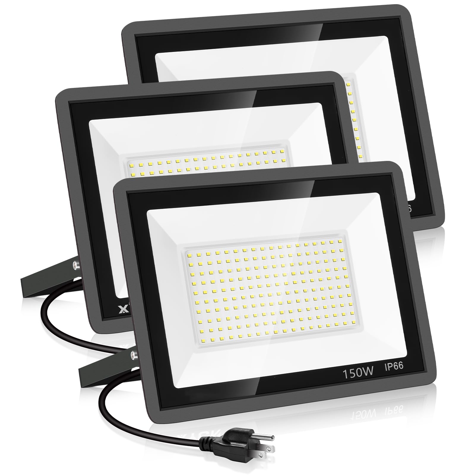 YANYCN 3 Pack 150W LED Flood Light Outdoor,Super Bright Exterior Security Light with Plug,IP66 Waterproof Flood Light, 15500LM 5