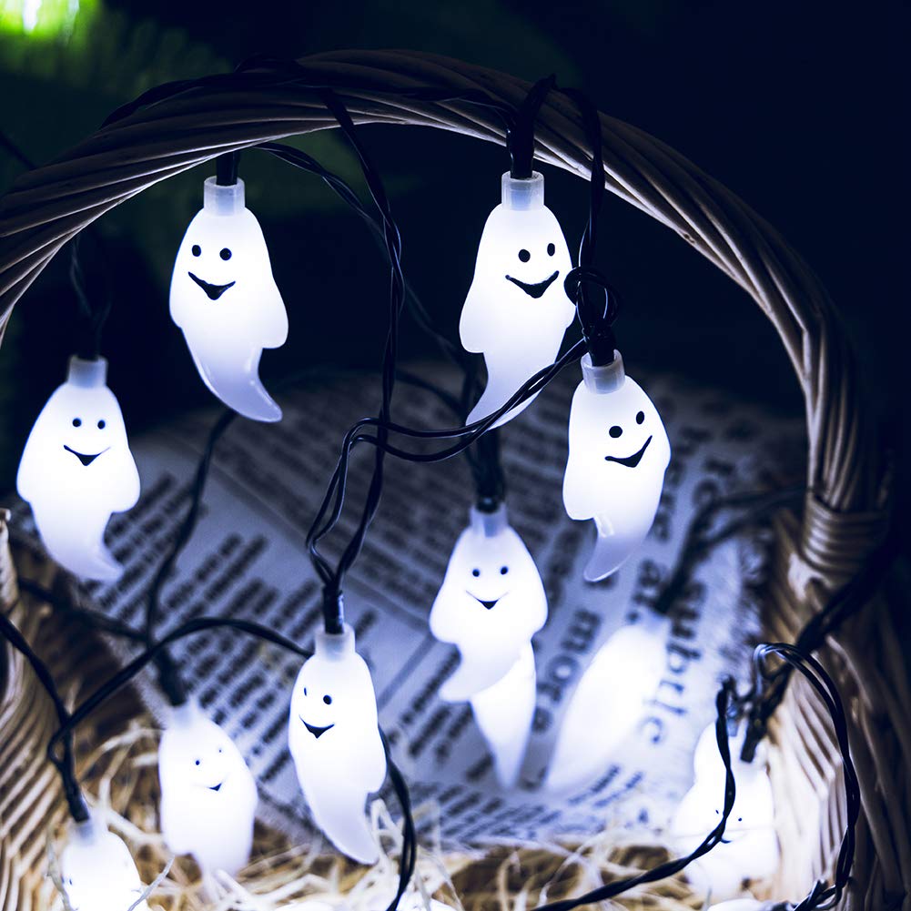 Qunlight Solar String Lights 30 LED 20ft Waterproof 8 Modes Halloween Decoration 2PACK Ghost