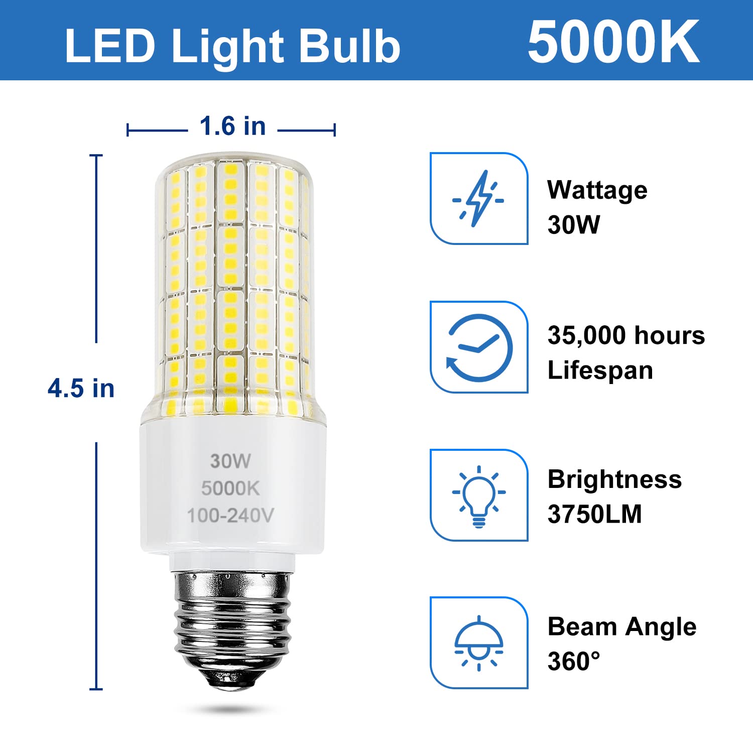 RIUVAO 2 Pack LED Light Bulb, 250W Equivalent, 3750 Lumen, 5000K Cool Daylight, E26/E27 Base, Waterproof for Indoor/