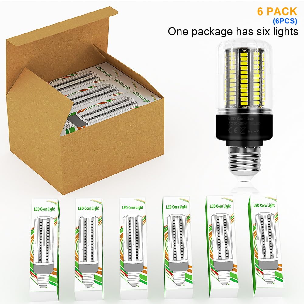 6Pack 25W Led Corn Light Bulbs 250W Equivalent Super Bright 3146Lumen E26/E27 Base Ceiling Fan Bulb 85-265V Indoor Energy Saving