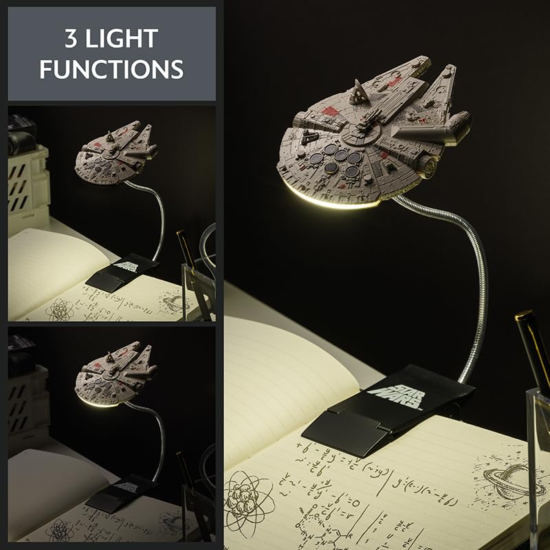STAR WARS Millennium Falcon Clip On Book Light - Flexible Cable, 3 Light Modes, Battery Powered, Multicolor, Model 12712