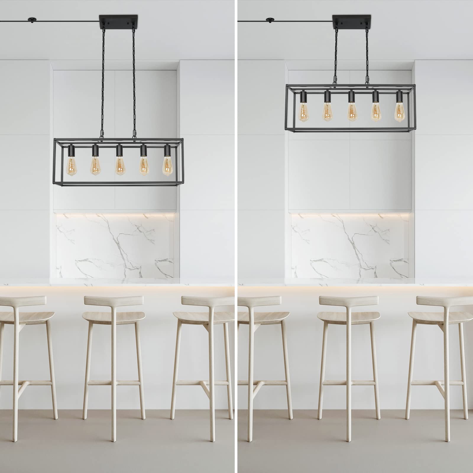 Black Farmhouse Plug In Kitchen Island Lighting  Industrial Modern 5-Light Linear Chandelier With 17.5Ft Cord  Rectangular Light Fixtures For Dining Living Room Bar
