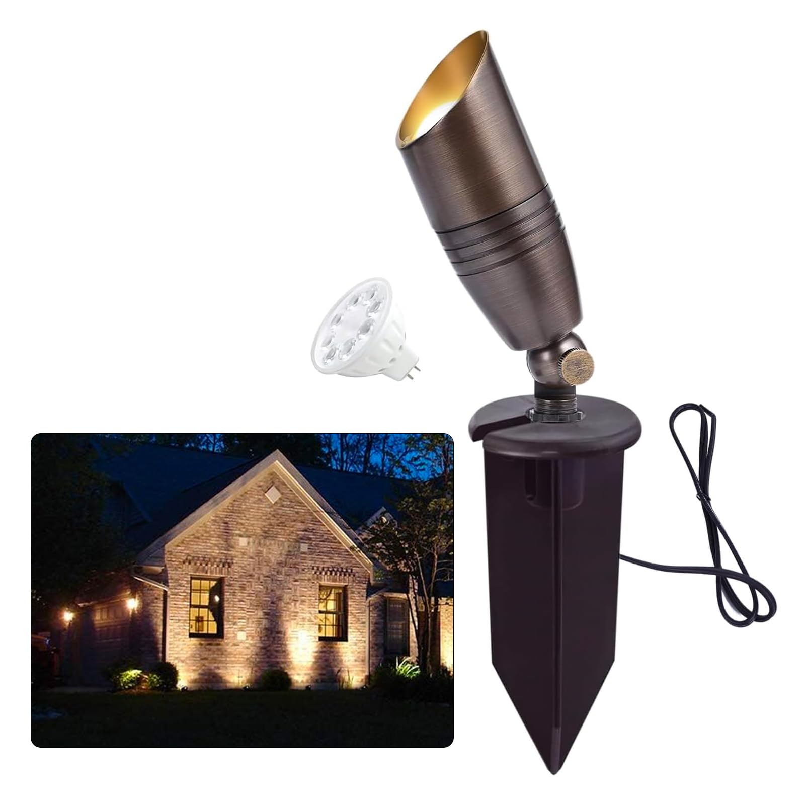 Cheopha Low Voltage Landscape Light Outdoor Spotlight 12V Brass Solid Led Landscape Kits With Abs Ground Spike And Mr16 Led Bulb 5W 2700K Included For Yard Pathway Outdoor Landscape Lighting