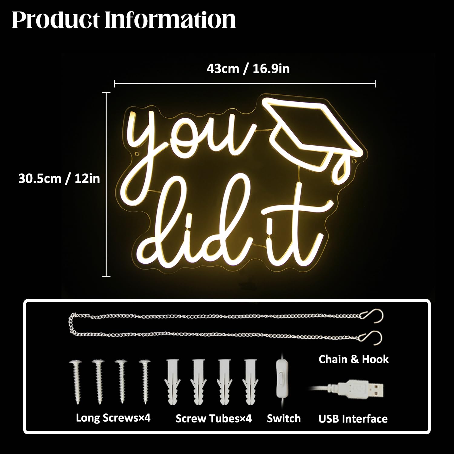 CKTBLEY LED Neon Sign - Congrats Grad Light Up Wall Decor - Warm White - Model CC-Did It - Graduation Party Decoration