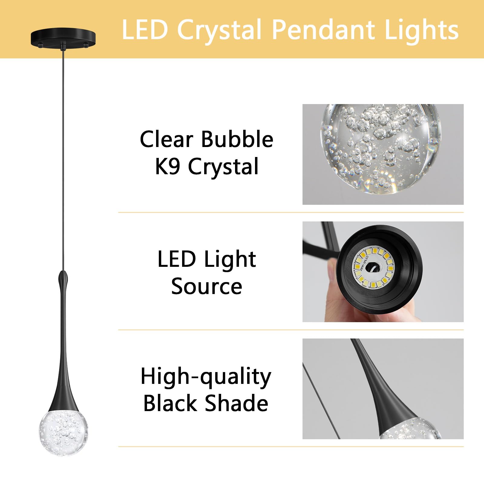 cenozo Modern Pendant Light - LED Dimmable Crystal Ceiling Lamp, 1 Light Round, Black, Model RS2037-1H for Kitchen, Dining, Bedroom