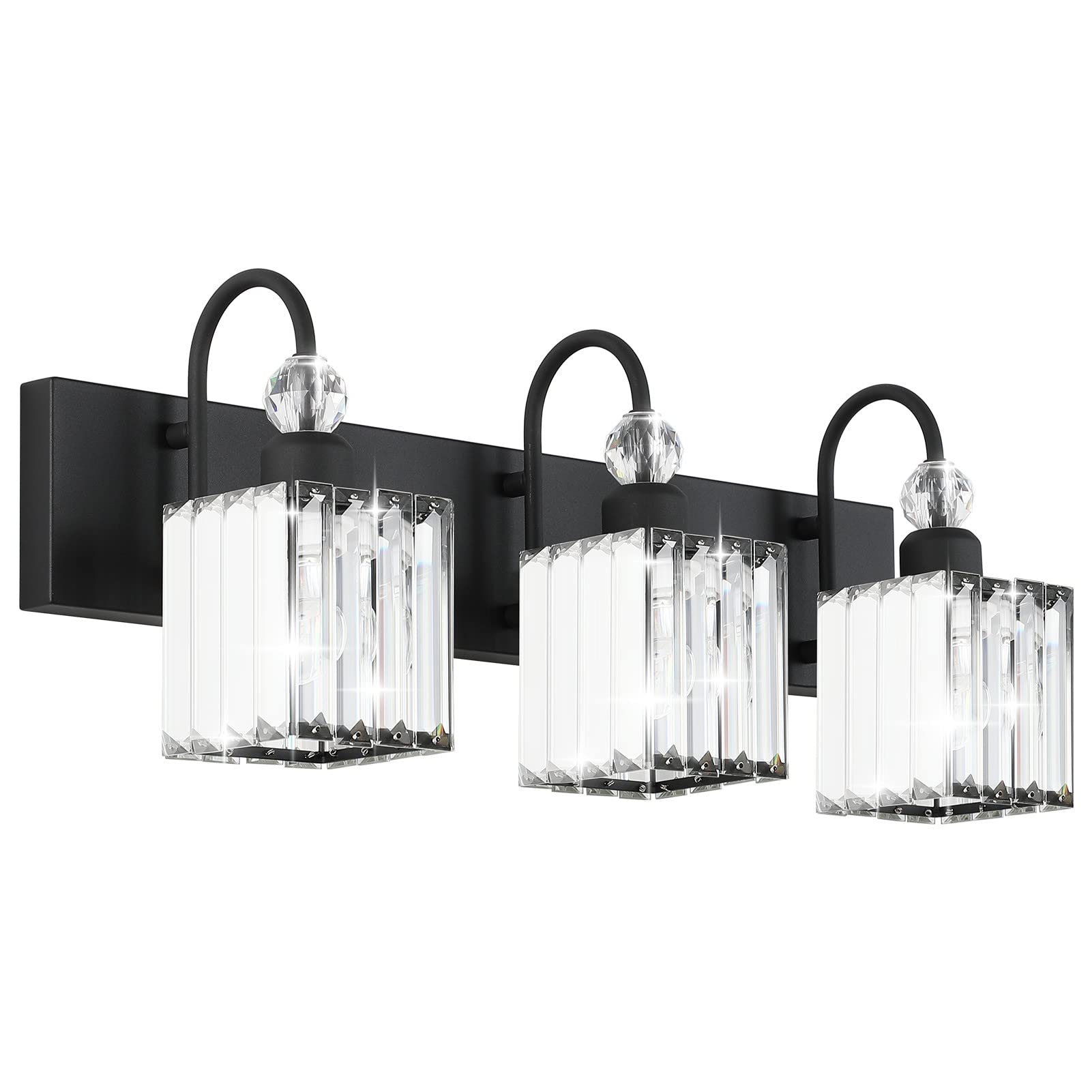 Ralbay 3-Light Modern Crystal Bathroom Vanity Light Fixture Over Mirror Matte Black, Model 8607, Square-Black