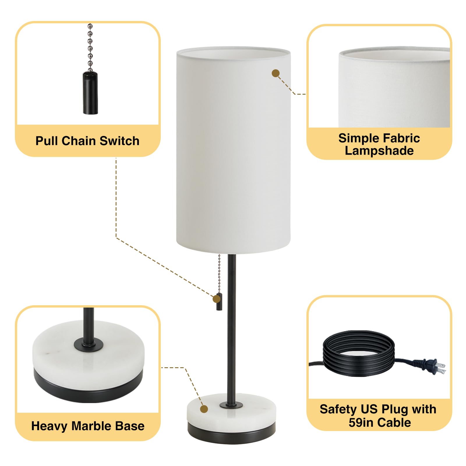 Luvkczc Minimalist Table Lamp Set of 2, Small Black & White Bedside Lamps with Marble Base & Fabric Shade, Model 066