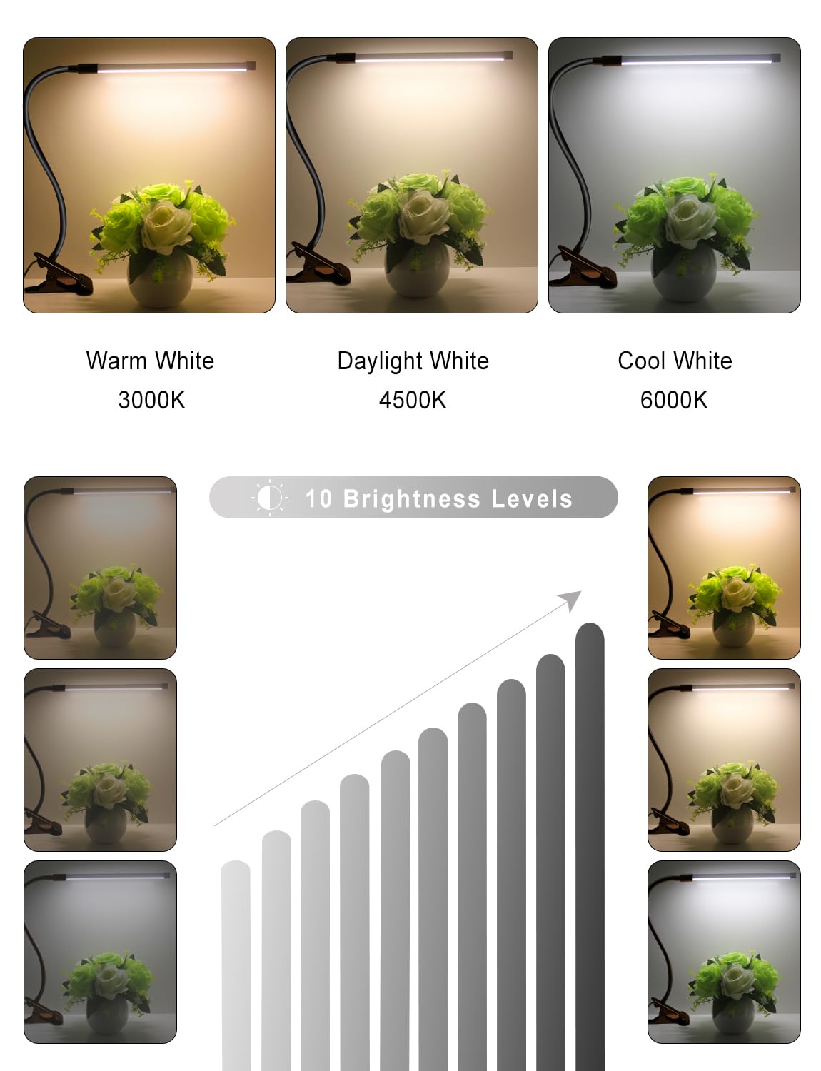 VagaryLight Clip On Desk Lamp, 3 Color Modes, 10 Brightness Levels, Small, Black, Model DLDL8, Gooseneck, Dimmable for Reading and