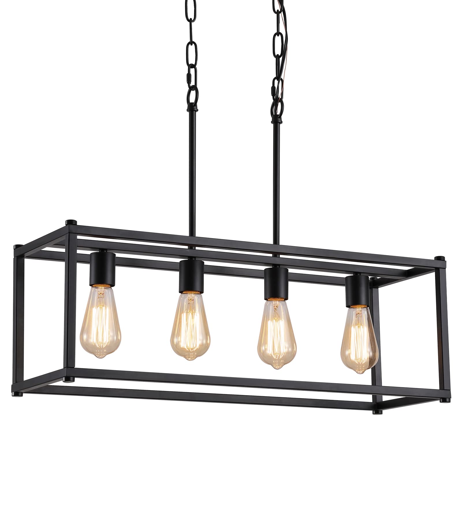 AMZASA Black Rectangle Island Lighting Chandelier - 4 Lights, Adjustable Height, Iron, Modern Industrial Design for Kitchen & Dining Room