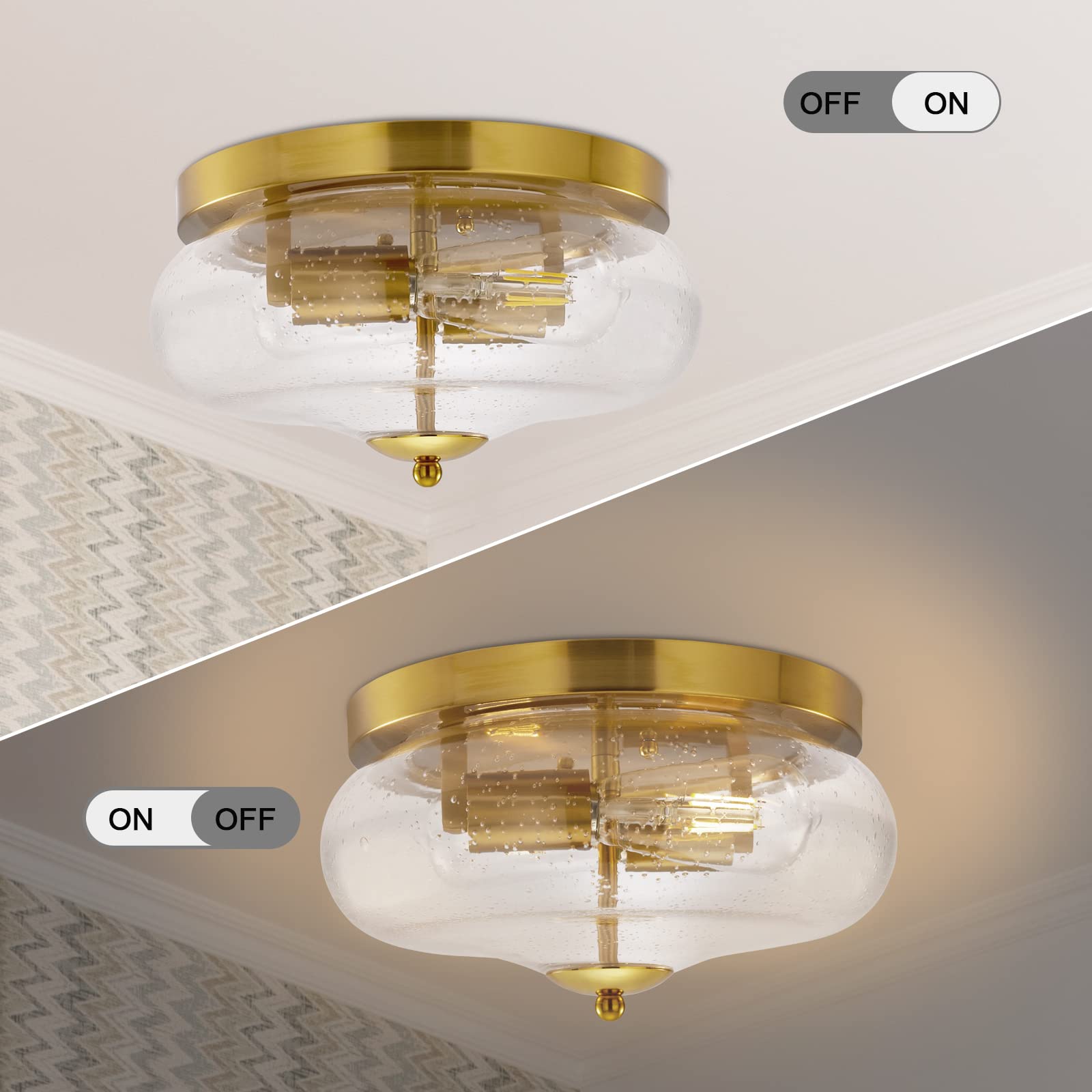 Darkaway Ceiling Light Fixture, Flush Mount, Seeded Glass Shade, 11 inch, Gold, Model 6T1F