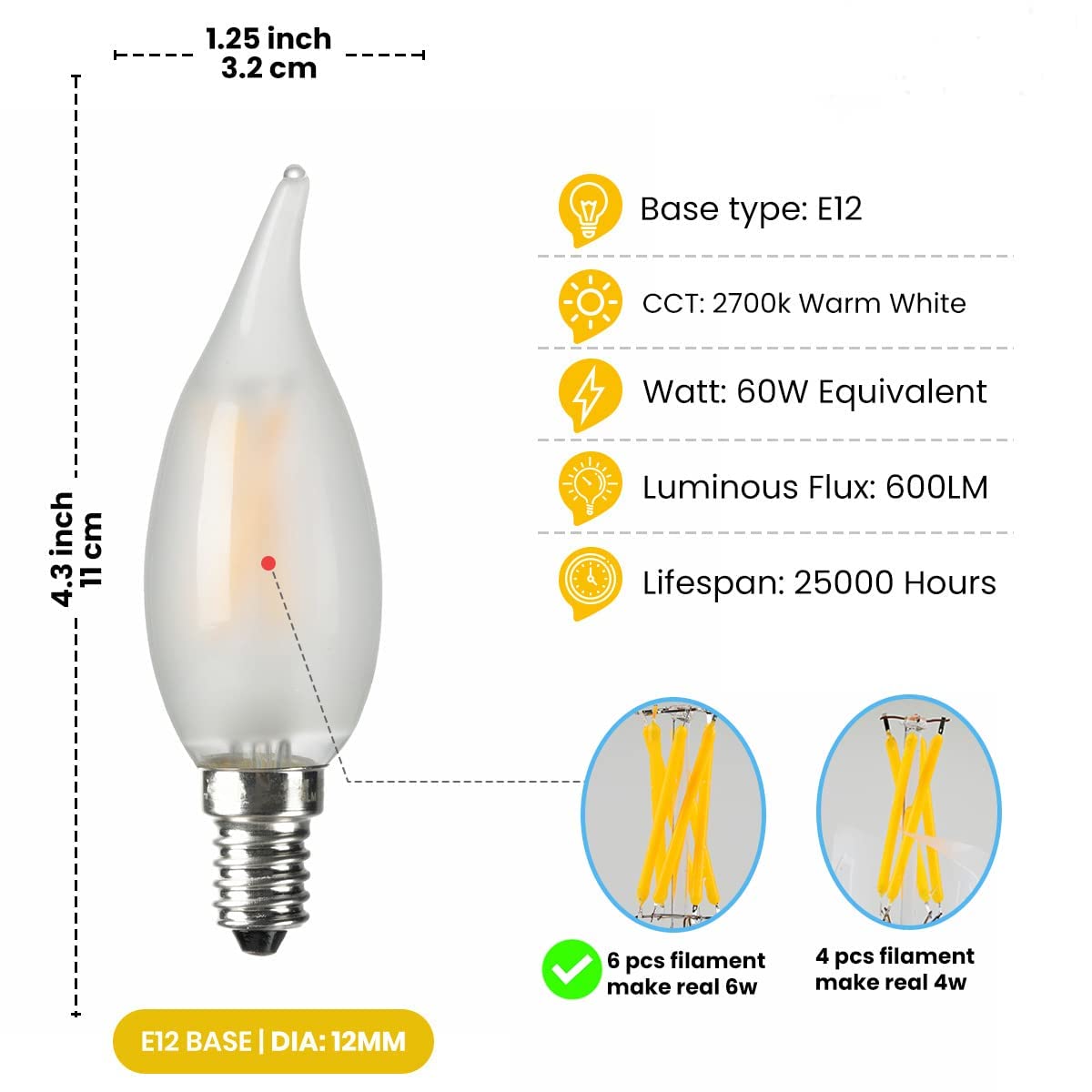 Amdtu 60W Candelabra Light Bulbs Led, Frosted Chandelier Bulb 60 Watt, E12 Led Bulb Dimmable Soft White 2700K, Flame Bent Tip Ca