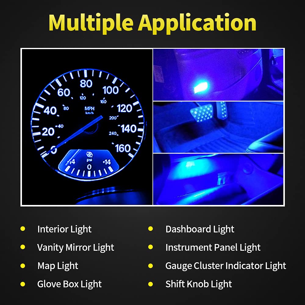Auxlight 20 Piece T5 Led Bulbs Dashboard Lights 3030 Chipsets 74 37 27 17 2721 Replacements For Interior Dome Door Instrument Panel Cluster Light, Ultra Blue