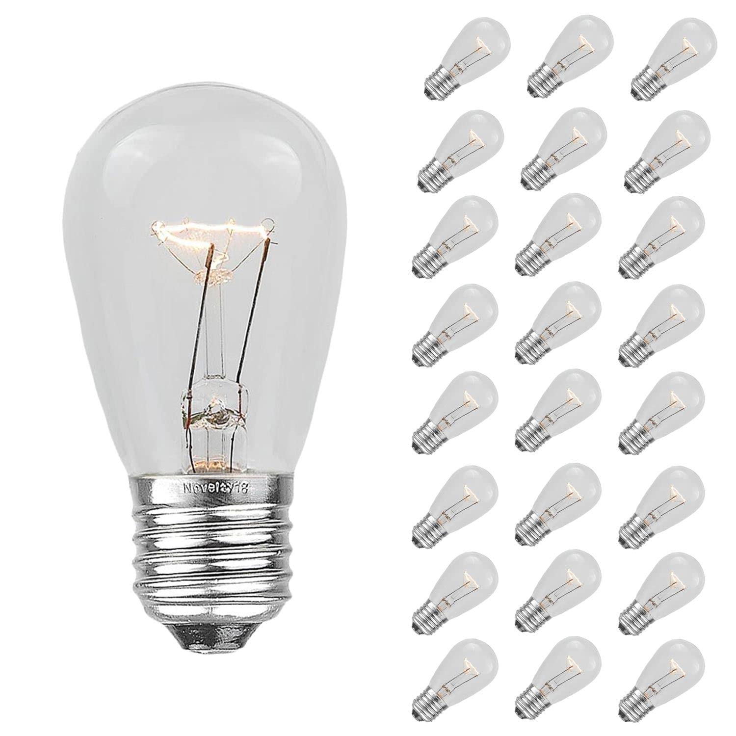 Novelty Lights 25 Pack S14 Outdoor Patio Edison Replacement Bulbs, E27 Medium Base, Clear, 11 Watt
